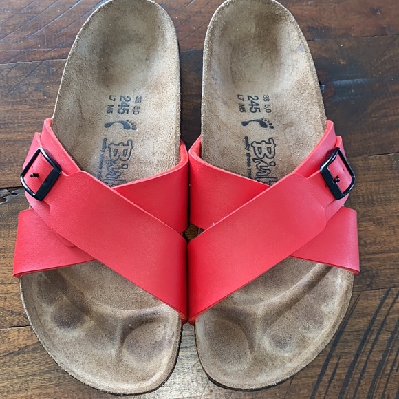 Birkenstock Shoes Birks By Birkenstock Red Slip On Sandal Poshmark